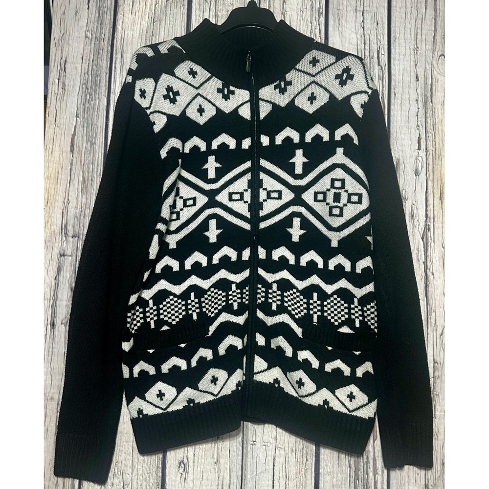 7 Diamonds Telluride Mens XL Full Zip Sweater Black White Geometric SWM-8699 NWT